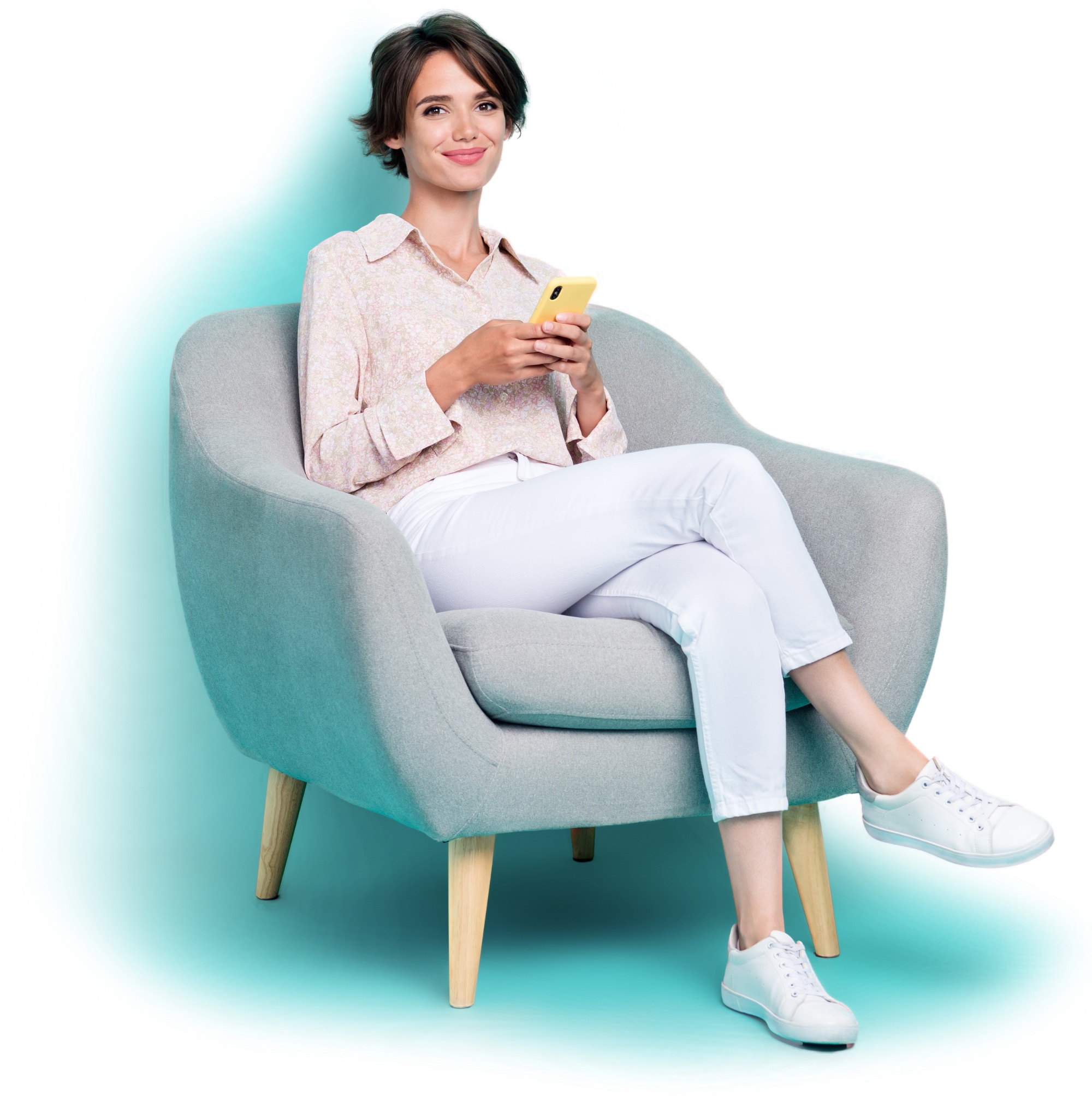 Photo of pretty cute lady trendy clothes outfit sit arm hold telephone modern device gadget empty space isolated on cyan color background.
